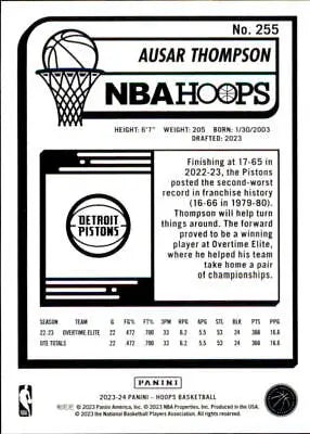 Back of 2023-24 Hoops #255 Ausar Thompson Rookie Detroit Pistons Basketball Card NM-MT