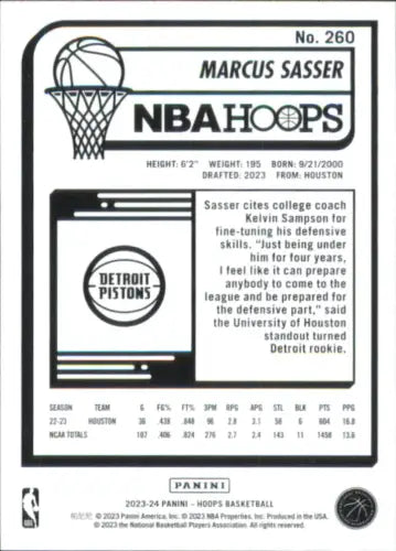 Basketball card back of 2023-24 Hoops Marcus Sasser Rookie for Detroit Pistons