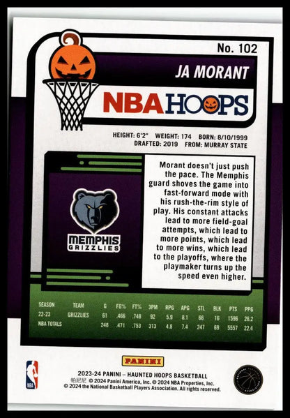 Ja Morant basketball card from 2023-24 Hoops Haunted Hoops #102 featuring Morant Slime