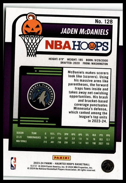 Jaden McDaniels basketball card from 2023-24 Hoops Haunted Hoops Slime edition