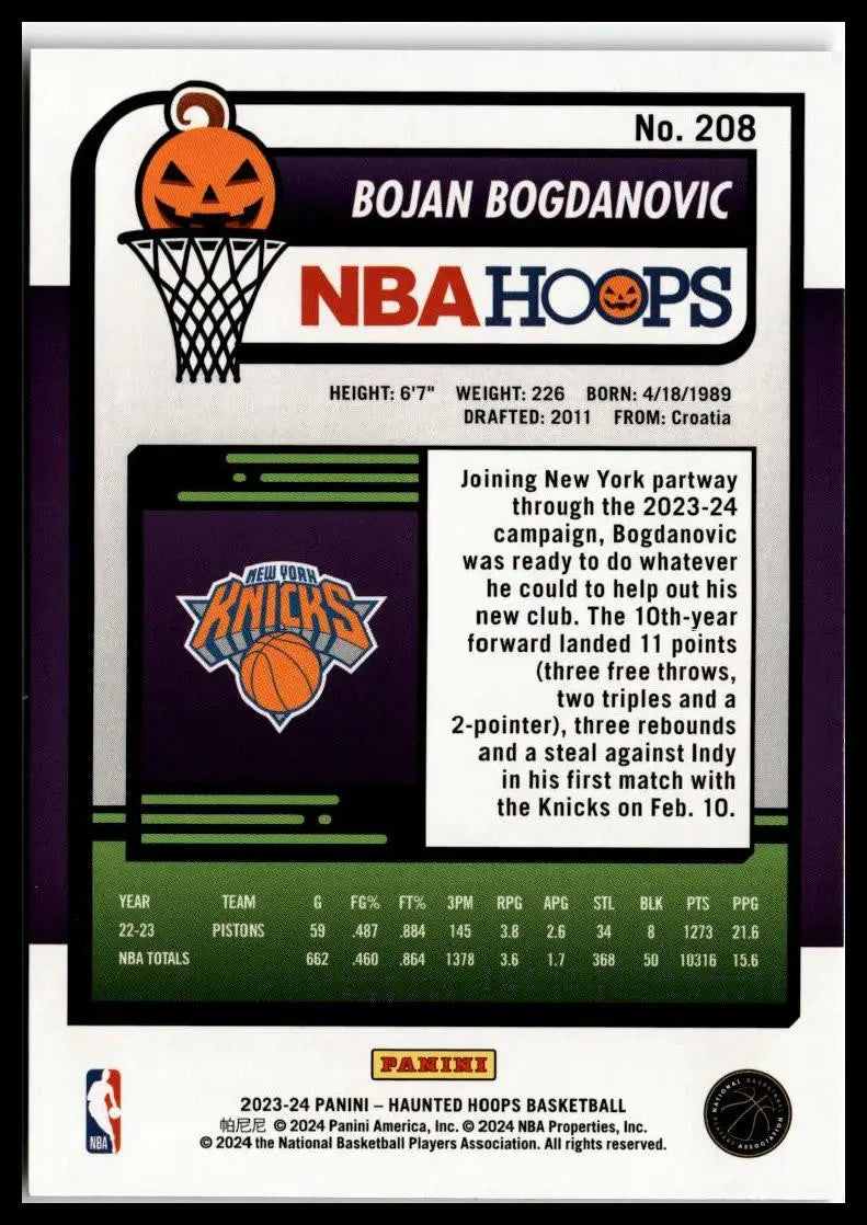 Bojan Bogdanovic basketball card from 2023-24 Hoops Haunted Hoops collection