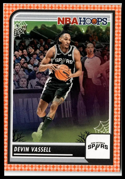 Devin Vassell basketball card from 2023-24 Hoops Haunted Hoops #232 in orange design