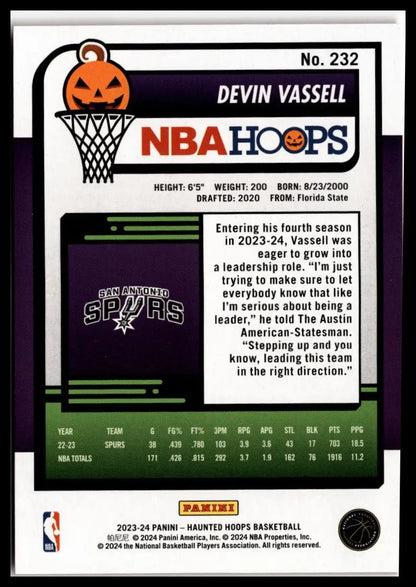 Basketball card back of 2023-24 Hoops Haunted Hoops Devin Vassell Orange San Antonio Spurs