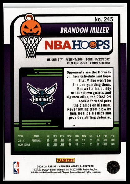 Back of 2023-24 Hoops Haunted Hoops #245 Brandon Miller Charlotte Hornets card