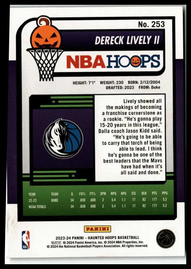 Basketball card of 2023-24 Hoops Haunted Hoops Dereck Lively II Dallas Mavericks