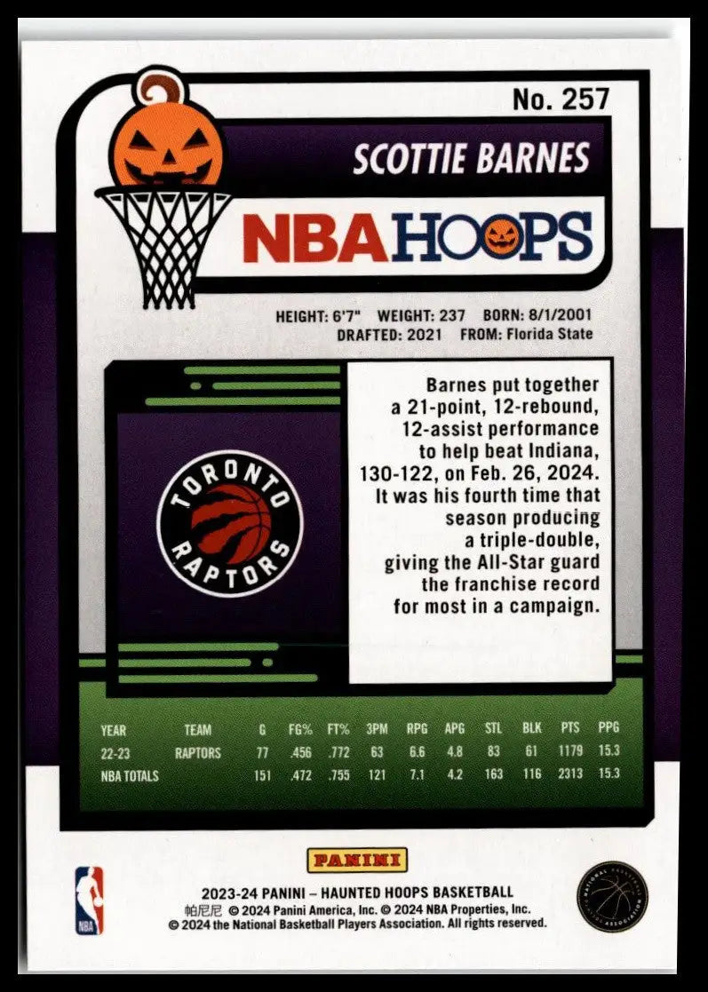 Scottie Barnes basketball card from 2023-24 Hoops Haunted Hoops #257 Toronto Raptors