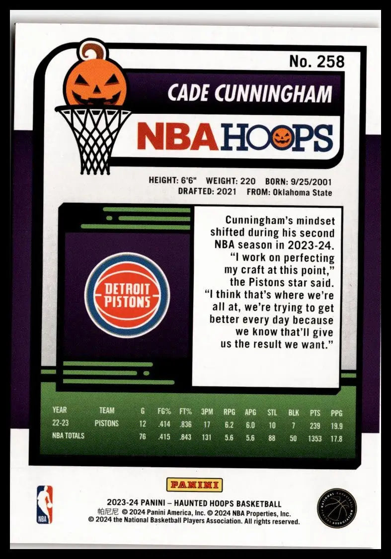 Back of 2023-24 Hoops Haunted Hoops #258 Cade Cunningham Orange Detroit Pistons card