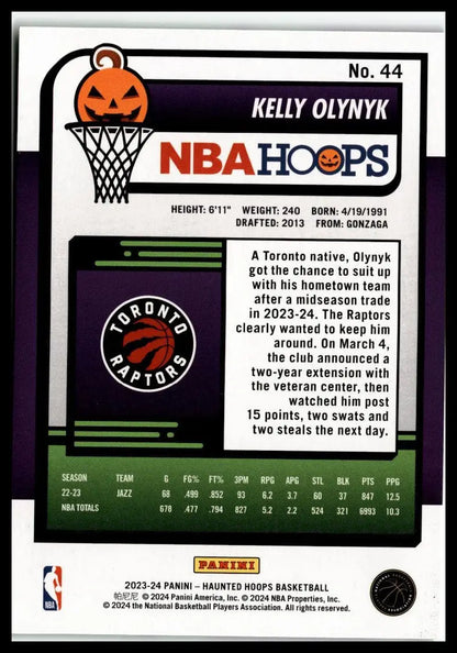 Basketball card back of 2023-24 Hoops Haunted Hoops Kelly Olynyk Slime Raptors