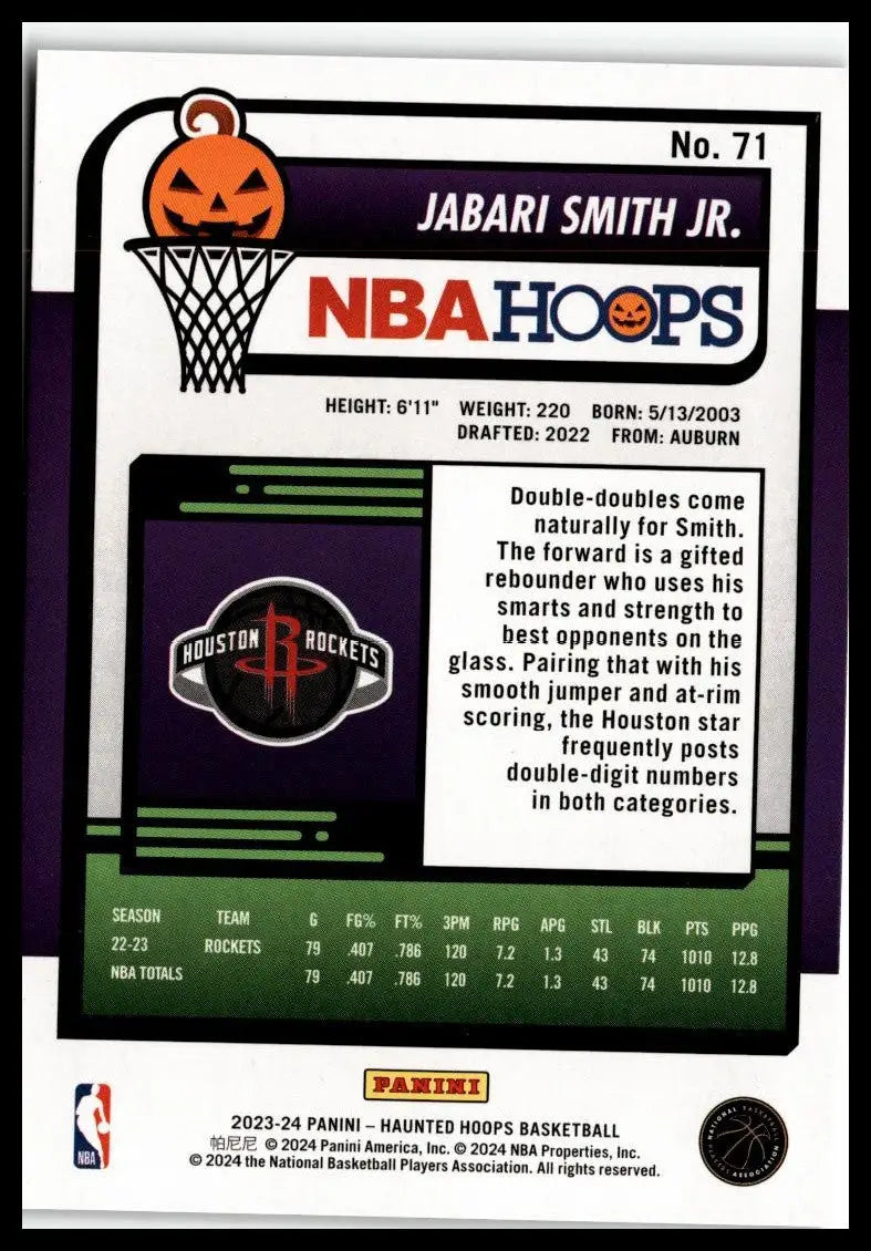 Basketball card back of 2023-24 Hoops Haunted Hoops #71 Jabari Smith Jr. Houston Rockets