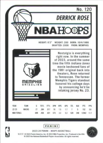 Derrick Rose basketball card from 2023-24 Hoops Purple Winter featuring Memphis Grizzlies