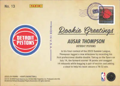 2023-24 Hoops Rookie Greetings Ausar Thompson Detroit Pistons NBA rookie card