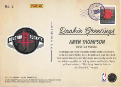 2023-24 Hoops Rookie Greetings #8 Amen Thompson Houston Rockets Basketball card