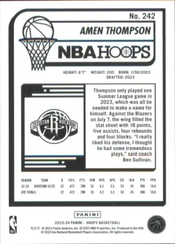 Amen Thompson Houston Rockets Hoops Winter 2023-24 Rookie Basketball Card NM-MT