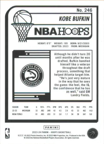 2023-24 Hoops Winter #246 Kobe Bufkin Rookie Atlanta Hawks Basketball Card NM-MT