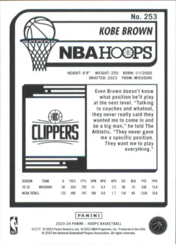 Kobe Brown Rookie Basketball Card from 2023-24 Hoops Winter for Los Angeles Clippers