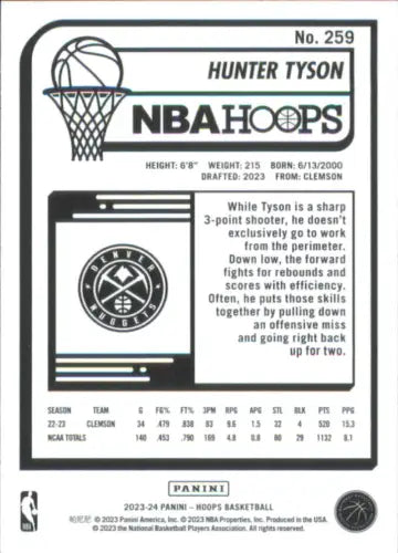 Hunter Tyson 2023-24 Hoops Winter #259 Rookie Denver Nuggets Basketball Card NM-MT