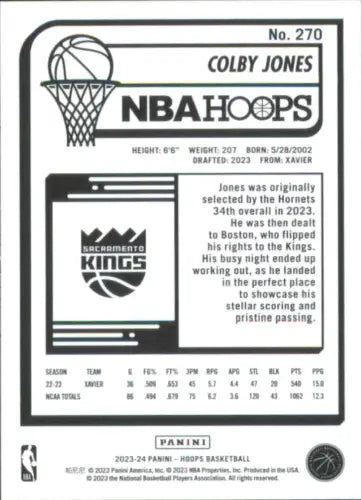 Colby Jones 2023-24 Hoops Winter #270 Rookie Sacramento Kings Basketball Card NM-MT