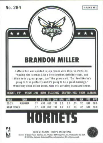 2023-24 Hoops Winter #284 Brandon Miller Rookie Charlotte Hornets Basketball Card