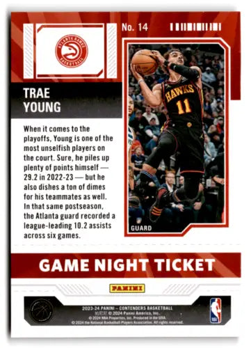 Trae Young basketball card from 2023-24 Panini Contenders Game Night Ticket original gloss