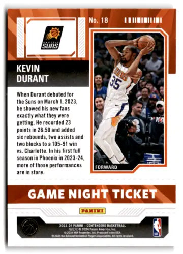 Phoenix Suns player Kevin Durant shooting a ball on a Panini Contenders Game trading card