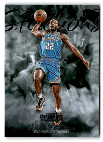 Basketball player in OKC Thunder jersey leaping with ball for Panini Contenders Rookie Stallions