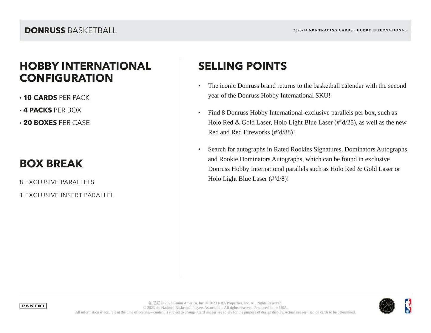 Product information sheet for 2023-24 Panini Donruss Basketball highlighting Holo Red and Gold Laser features