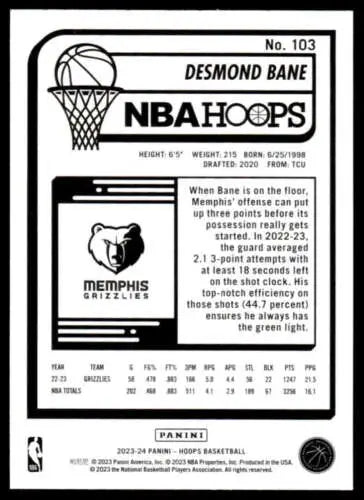 Desmond Bane NBA Hoops basketball card with original gloss, 2023-24 Panini Hoops #103