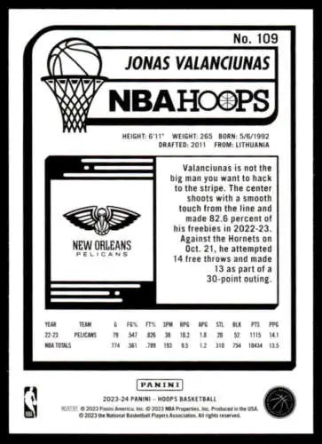 Jonas Valanciunas Panini Hoops basketball card with original gloss from 2023-24 set