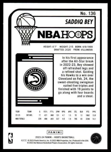 Basketball card back of 2023-24 Panini Hoops #136 Saddiq Bey with original gloss