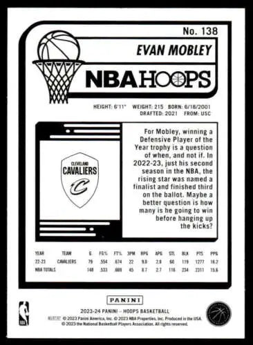 Evan Mobley NBA Hoops basketball card from 2023-24 Panini Hoops original gloss design