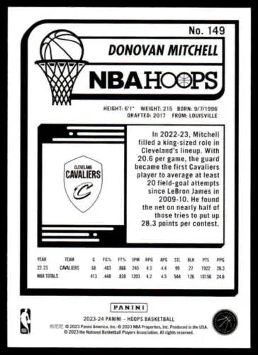 2023-24 Panini Hoops #149 Donovan Mitchell basketball card with original gloss display