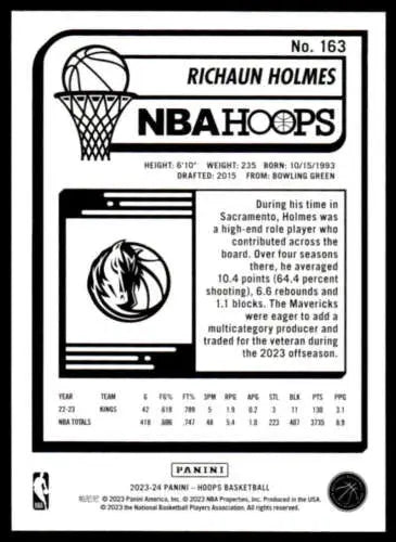 2023-24 Panini Hoops Richaun Holmes Basketball Card Original Gloss Near Mint Mavericks