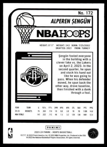 2023-24 Panini Hoops #172 Alperen Sengun NM-MT basketball card with original gloss