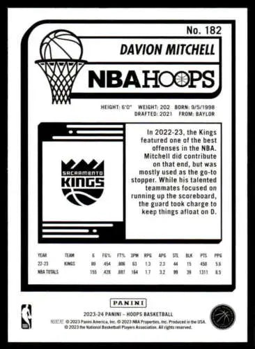 Basketball card back of 2023-24 Panini Hoops #182 Davion Mitchell NM Mint Sac Kings