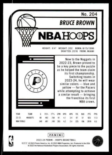 Bruce Brown NBA Hoops basketball card from 2023-24 Panini Hoops, original gloss finish