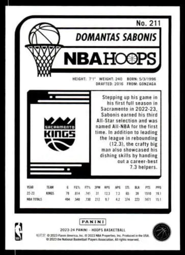 2023-24 Panini Hoops #211 Domantas Sabonis NM Near Mint Sac Kings Basketball Card