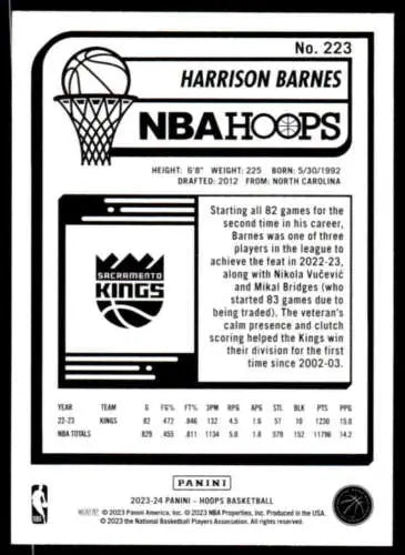 Harrison Barnes NBA Hoops card 2023-24 Panini Hoops mint Sac Kings original gloss