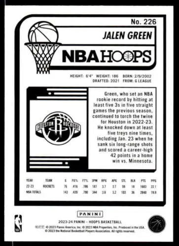 Jalen Green Basketball Card 2023-24 Panini Hoops with original gloss Near Mint condition