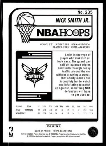 Nick Smith Jr. NBA Hoops basketball card featuring original gloss from Panini Hoops