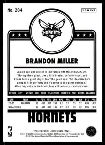 2023-24 Panini Hoops #284 Brandon Miller NM-MT Basketball Card with original gloss