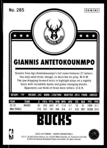 Giannis Antetokounmpo basketball card from 2023-24 Panini Hoops with original gloss finish