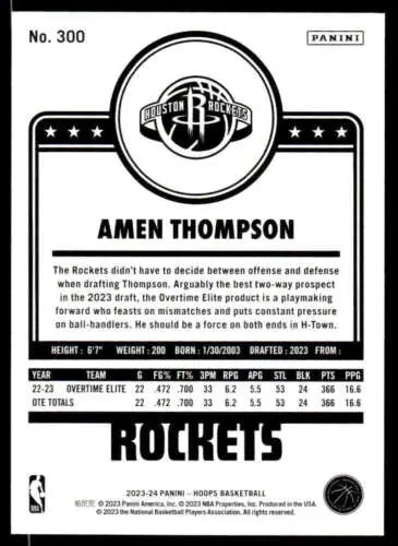 Amen Thompson basketball card from 2023-24 Panini Hoops with original gloss, Rockets