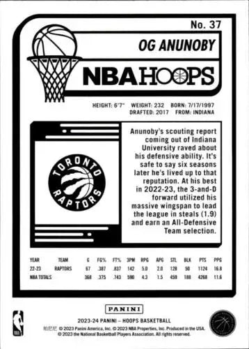 Basketball card back of 2023-24 Panini Hoops #37 OG Anunoby in Near Mint Raptors condition