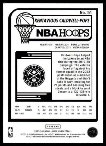 Basketball trading card featuring Panini Hoops and player statistics for Kentavious Caldwell-Pope