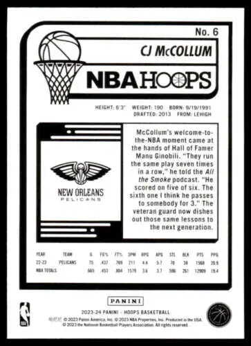 Basketball trading card back of Panini Hoops CJ McCollum with original gloss details