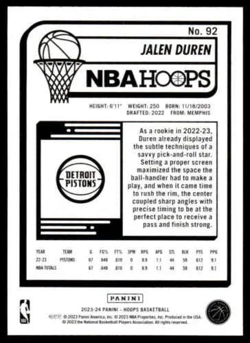 Basketball card back of 2023-24 Panini Hoops #92 Jalen Duren with original gloss