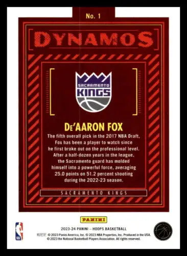 2023-24 Panini Hoops Dynamos De’Aaron Fox basketball card with original gloss finish