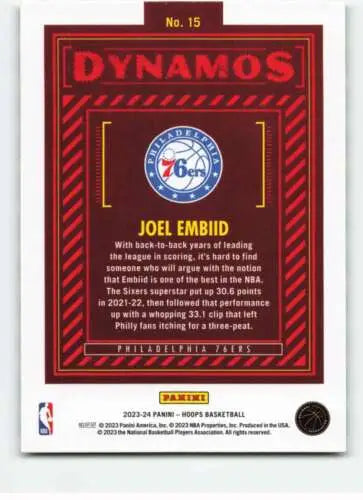 Joel Embiid basketball card from 2023-24 Panini Hoops Dynamos in Near Mint condition