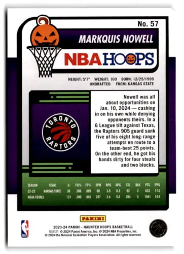 Basketball card back of 2023-24 Panini Hoops Haunted #57 Markquis Nowell EX/NM Raptors