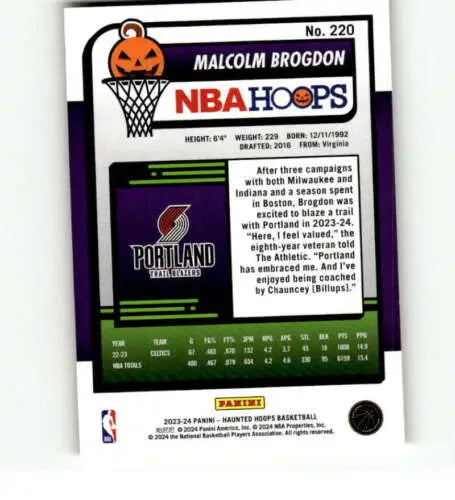 Malcolm Brogdon basketball card from 2023-24 Panini Hoops Haunted Orange collection